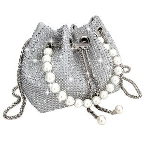 4973 Evening Bucket Handbag Sparkly Rhinestone Pearl Clutch Purse for Party